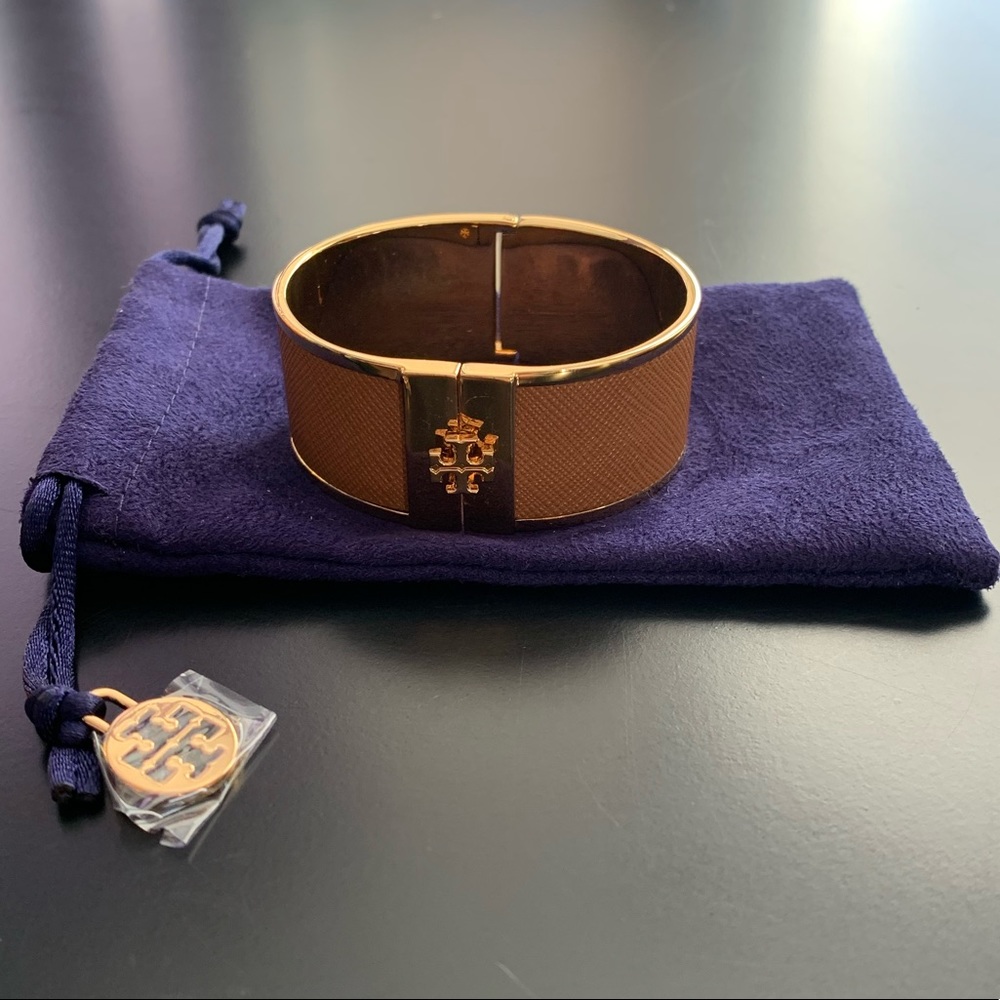Tory Burch Gold Leather Inlay Cuff Bracelet